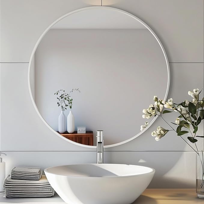 Sunniry White Round Mirror 22 inch, Bathroom Mirror Matte Metal Frame, Circle Mirrors for Living Room, Bathroom, Wall, Hallway.
