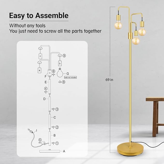 BoostArea Industrial Floor Lamp for Living Room,Gold Modern Standing Lamp Stand Up Lamp with 3 Light, Bulbs Not Included,Simple Design Floor Lamp for Bedroom, Living Room, Office, Kids Room, Reading