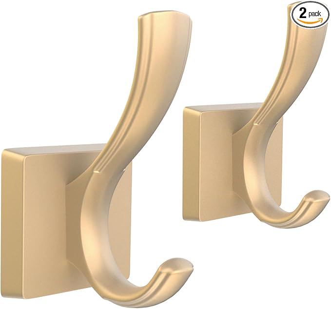 TOFIIGREM Gold Coat Hooks, Towel Robe Hooks Bathroom Entryway Mudroom Pool Hooks for Wall Mount Hanging Towels Bathrobe Key Hat Backpack (2 Pack, Gold)