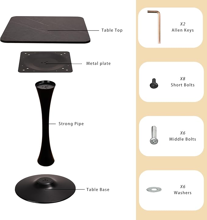 Square Modern Dinning Table 30 inches for 2-4 Bistro Tulip Table with Faux Marble top,Easy Assemble,no Wobble,Stable Sturdy Metal Frame Diameter 30in*H28.74in (Black, 30in)