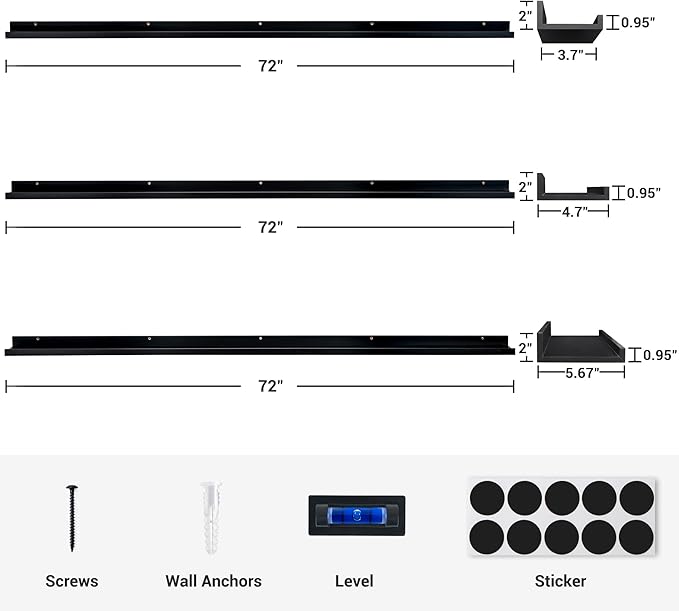 Axeman 72 Inch Floating Shelves | Black Picture Ledge Shelf Set of 3 | Rustic Wood Wall Shelves with Lip | 72" Black Picture Shelf for Wall with Ledge | Photo Shelves