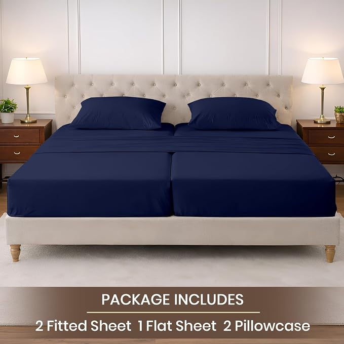 SGI Split King Sheet Set for Adjustable Bed Egyptian Premium Cotton 600 Thread Count Sheets for Sleep Number Bed 15" Deep Pocket 5 Pc Set with 2 Twin XL Fitted Sheets Soft Breathable -Navy Blue