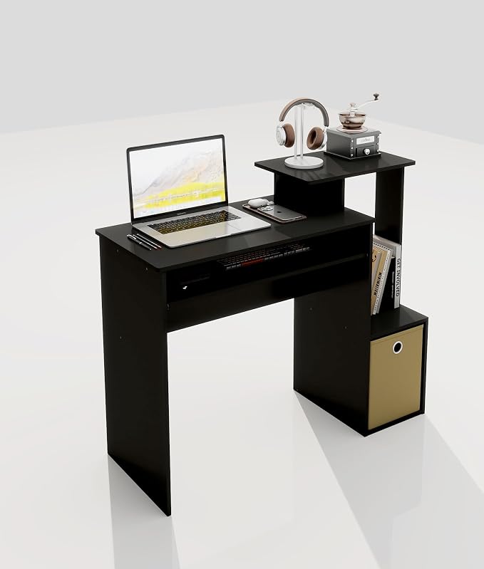 Small Computer Writing Desk with Drawers, Home Office Desk with Storage Shelves for Home Office Bedroom, Black/Brown