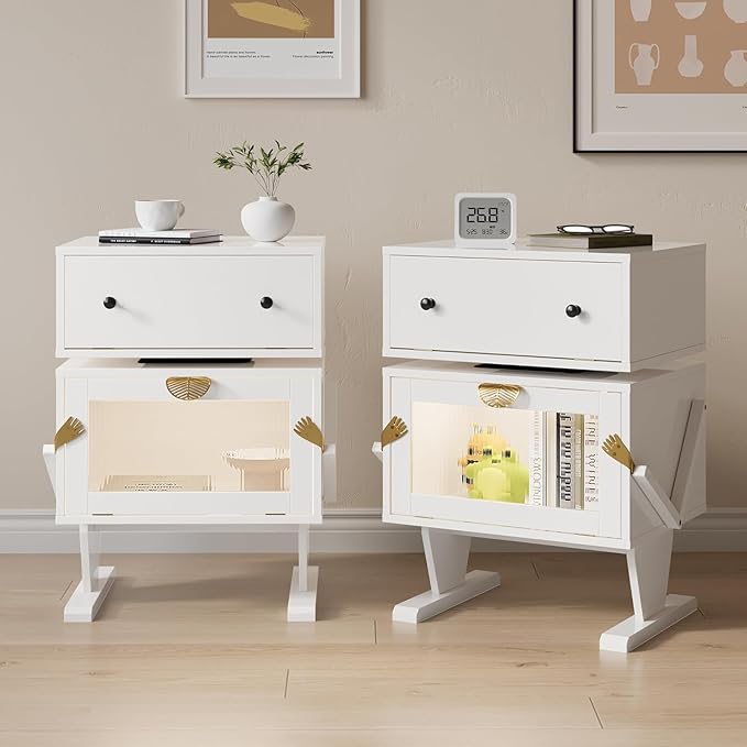 RoyalCraft Large Nightstand Set of 2 with LED Lights, White End Table with 360°Rotating Drawer, Modern Bedside Table with Storage, Wood Night Stand for Bedroom, Home Office, White