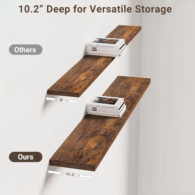 Vivelove 10 Inch Deep Floating Shelves 48 inch Long, 47.2 x 10 Wide Wall Shelves with Invisible Brackets, for Bedroom Bathroom Living Room Kitchen Office, Farmhouse Home Decor, Set of 2, Rustic Brown