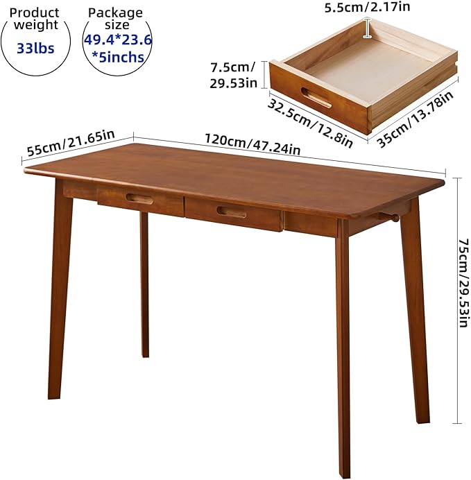 Aibiju Solid Wood Desk with Drawers, 47inch Computer Desk for Modern Minimalist Style, Gaming Study Home Office Desks for Work, Student PC Desk for Bedroom Brown YD-WD03H