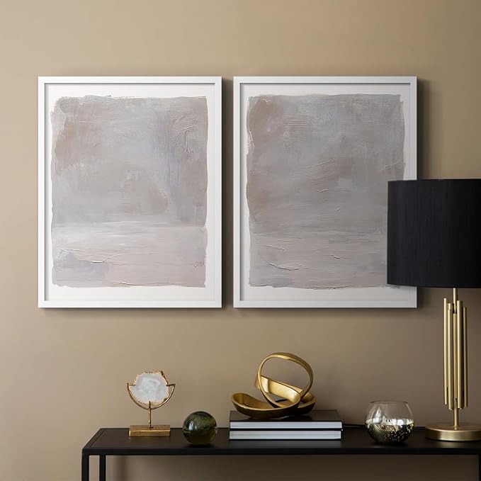 Renditions Gallery Set of 2 Peel & Stick Framed Prints, Watercolor Abstract Wall Art, Neutral Tones Textured Brushstrokes Wall Decor, Re-Stickable - Ready to Hang - 11"x14" - White Frame LT588