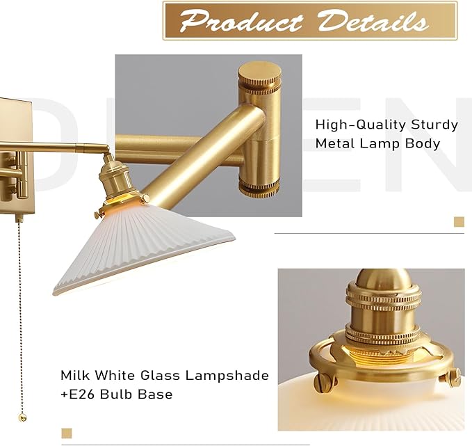 Vintage Milk Glass Wall Sconce Modern Rushed Brass Swing Arm Wall Light Mid Century Gold Wall Sconce with Pull Chain Wall Mounted Light Fixture White Ceramic Wall Lamp for Bedroom MWL14A-1