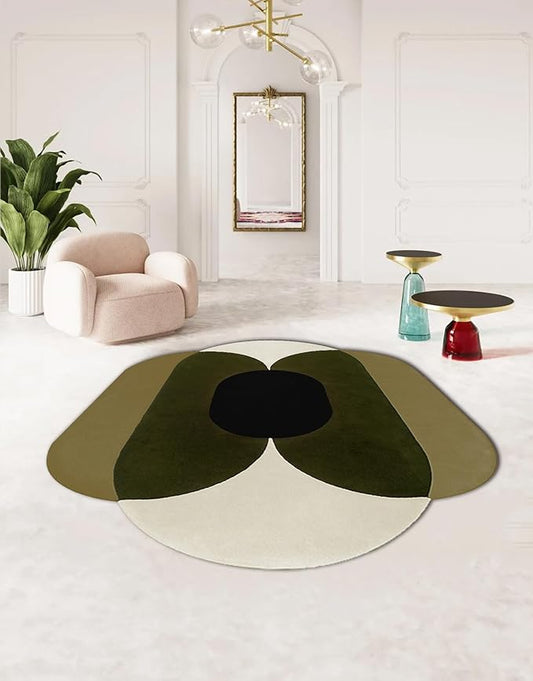 Minimalist Mid Century Modern Abstract Irregular Area Rug for Living Room Bedroom Guestroom Faux Wool Washable Carpet 5x8 Boho Meetingroom Home Office Stain Resistant Floor Rugs Olive Green Beige