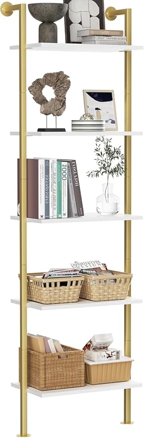 Acovy 5-Tier Bookshelf Solid Wood Ladder Shelf, Narrow Book Shelf Display Shelf, Wooden Bookcase, Wall Mount Ladder Shelf, Storage Rack for Living Room, Bedroom, Bathroom, White and Gold