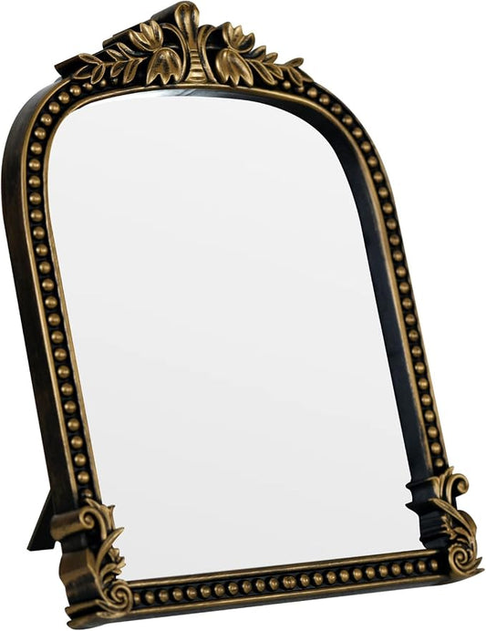 Vintage Gold Plastic Arched Makeup Mirror, Standing, Hanging or Wall Mount, Bathroom, Living Room, Bedroom Decorative Mirror (Bronze-10.6x8.6 inch)