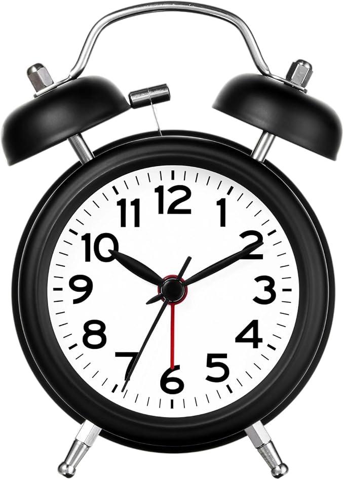 AKCISOT Loud Alarm Clock for Heavy Deep Sleepers,3 Inches Analog Metal Twin Bell Clocks Battery Operated with Backlight for Bedroom Bseide, Old Fashioned for Desk Home Decoration (Black White)