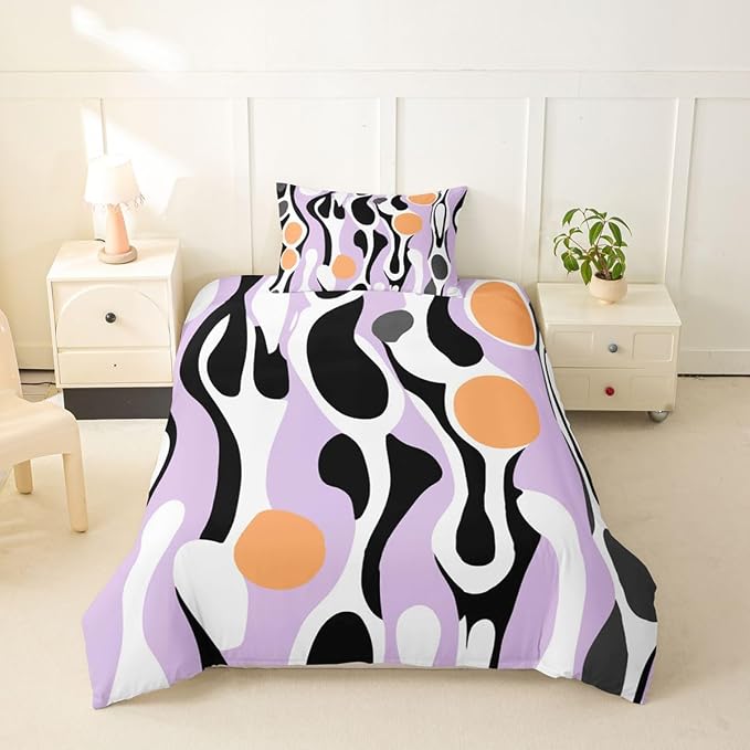 Mid Century Modern Abstract Duvet Cover Set Vintage Geometric Girl Toddler Bedding Set for Preteen Boys Girls Contemporary Organic Shapes Comforter Cover Squiggle Blob Bed Sets,Lavender Peach