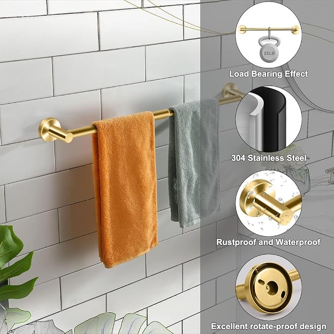 MGahyi Towel Racks for Bathroom-Adjustable Towel Holder(13.18inch-24inch) Sturdy and Rustproof Towel Bar Wall Mounted, Single Towel Bar Rod for Bathroom Accessories (Gold, 1Pack-Towel Bar)