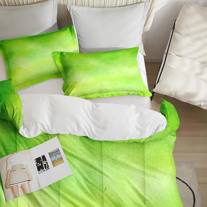 Comforter Set with 2 Pillowcases King Size, Modern Lime Green Lemon, Bed Decor Watercolor Pastel Dye Stained Abstract for Kids and Adults, Soft Cozy Bedroom Bedding Set