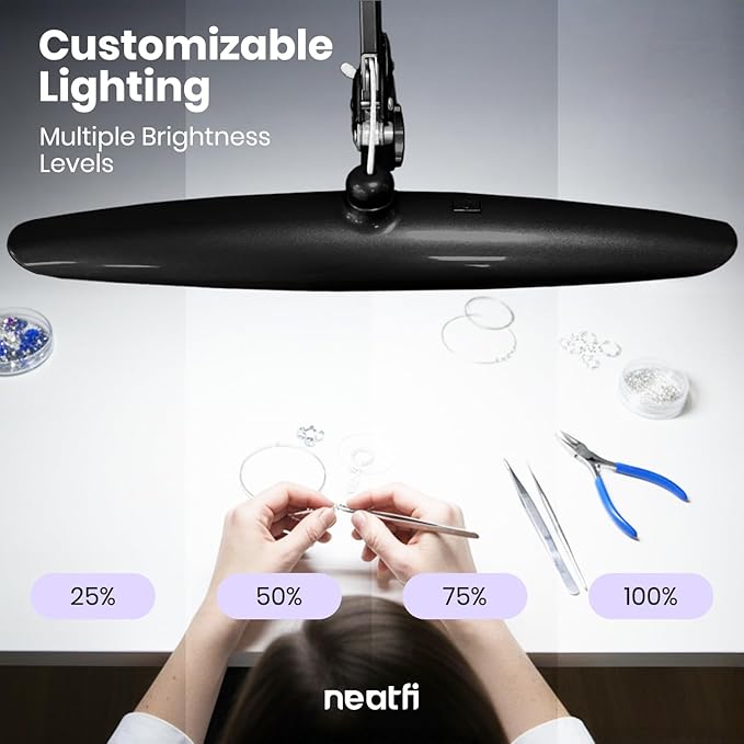 Neatfi XL Nail Desk Lamp with Clamp, 2200 Lumens, 20-Inch Wide Head, Dimmable 4 Levels, 6500K, LED Task Light for Manicure Table, Crafts, Workbench, Office (Non-CCT, Black)