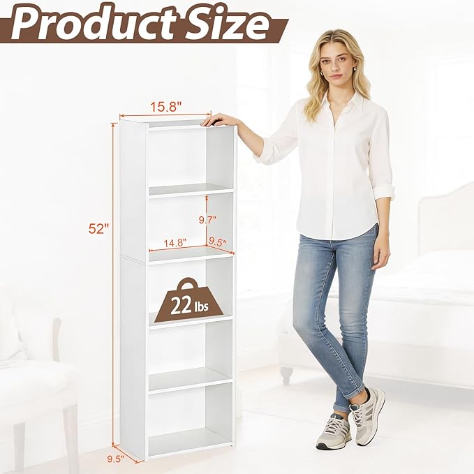 SUPER DEAL 5-Tier Open Shelf Bookcase and Bookshelf, Freestanding Display Storage Shelves Narrow Cube Storage Organizer for Small Spaces Kids Bedroom Living Room Home Office Apartment, 52 Inch, White