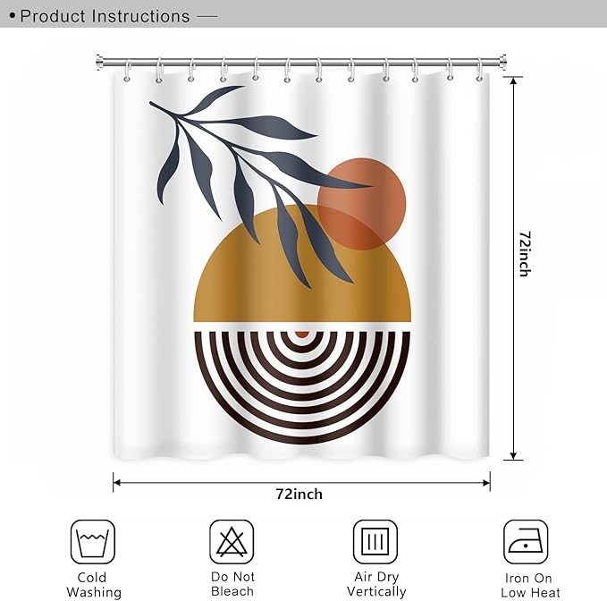 Mid Century Bohemian Bathroom Shower Curtain Abstract Circle Eucalyptus Leaves Sun Boho Shower Curtain with Hooks Waterproof Fabric Polyester Shower Curtain Aesthetics Home Decor, 72x72 Inch