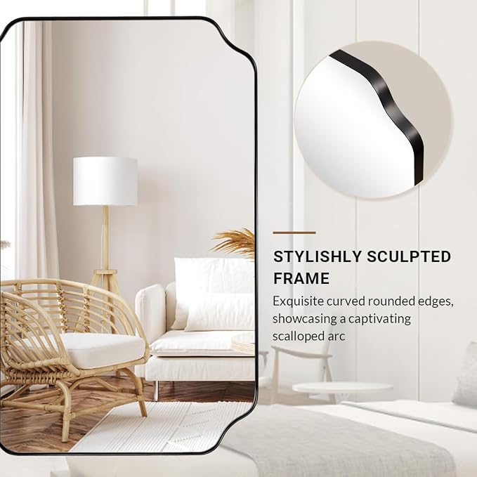 ANDY STAR 24"x30" Bathroom Mirror, Matte Black Framed Wall Mirror, Modern Scalloped Rectangle Mirror in Premium Stainless Steel Thin Frame, Rounded Notched Corners Design, Ideal for Home Remodel