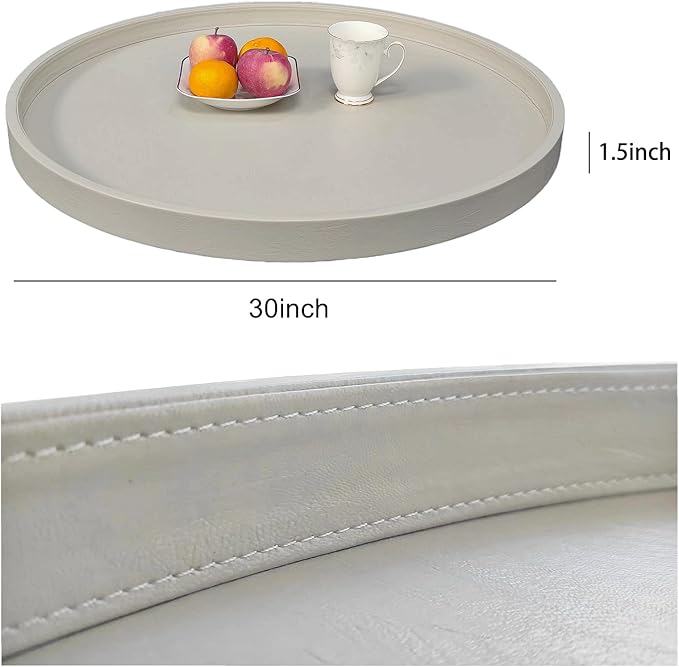 30 x 30 inches high-end Light Luxury Leather Round Oversized Service Tray, Ottoman Tray，Coffee Tray, Food Tray, Family Dinner, Out-of-House Picnic, Party Essential Tray (30 inch Beige)