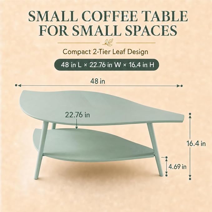 Small Coffee Table with Storage,Unique Leaf Handcrafted Marquetry,Mid Century Modern Oval Wooden Coffee Table,Natural Oak Veneer,Solid Wood Legs,for Living Room,Apartment(Sage Green)