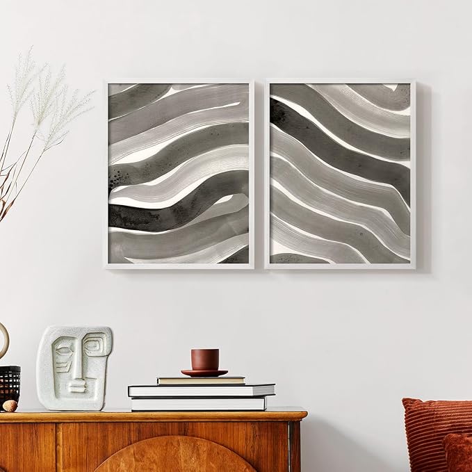 Renditions Gallery Set of 2 Peel & Stick Framed Prints, Watercolor Abstract Wall Art, Black and White Bold Brushstrokes Wall Decor, Re-Stickable - Ready to Hang - 16"x20" - White Frame LT588