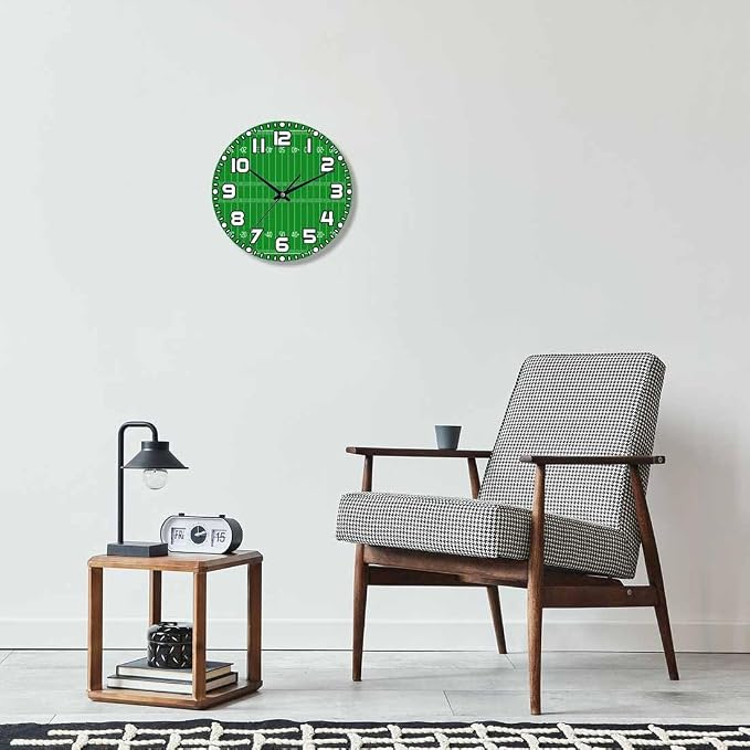 American Football Field Wall Clock 10 inch Round Silent Non Ticking Wood Wall Clocks Battery Operated Easy to Read Decorative Wall Clock for Bedroom Kitchen Living Room Bathroom