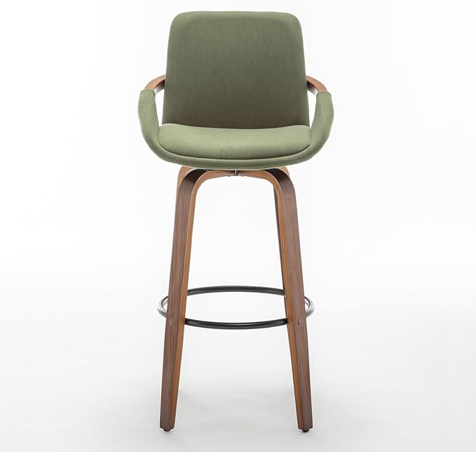 LUNLING 25.6" Counter Height Bar Stools Mid Century Modern Retro Bar Chairs Green Modern Corduroy Fabric Upholstered Barstools and Walnut Wood Frame for Home Bar Furniture,Green,1PCS