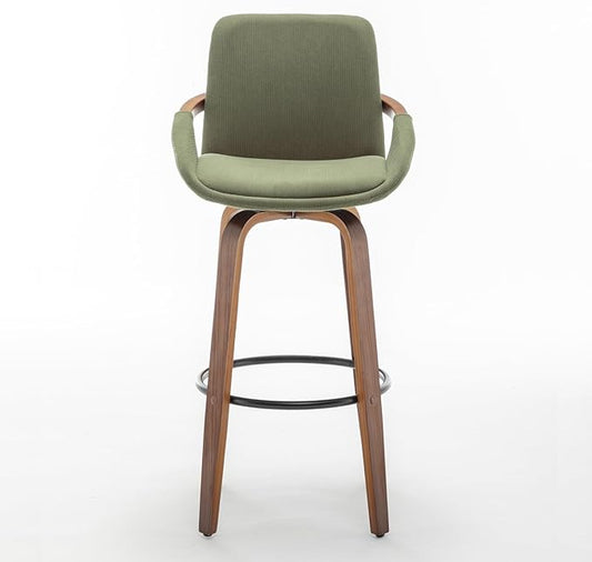LUNLING 25.6" Counter Height Bar Stools Mid Century Modern Retro Bar Chairs Green Modern Corduroy Fabric Upholstered Barstools and Walnut Wood Frame for Home Bar Furniture,Green,1PCS