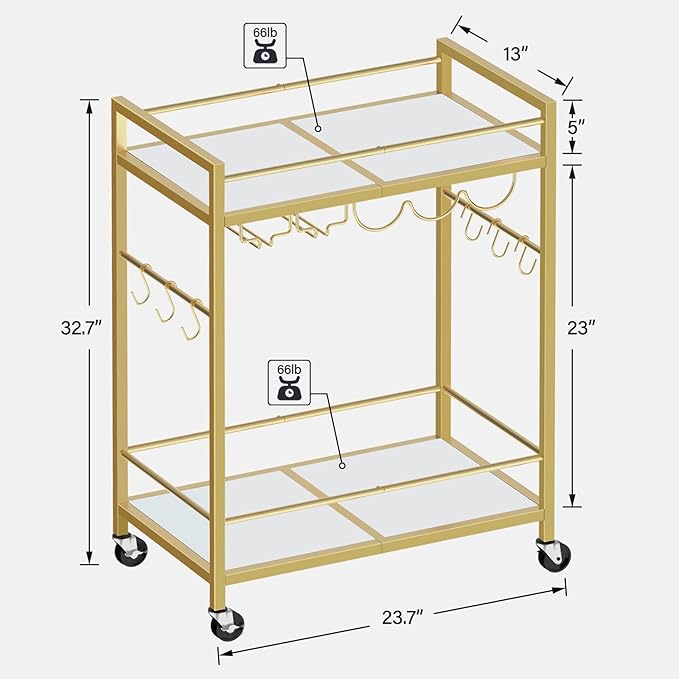 TUTOTAK Bar Cart, Serving Cart for Home, Drink Cart, Mobile Kitchen Shelf with Wine Rack and Glass Holder, Rolling Beverage Cart, Gold BC01BB031