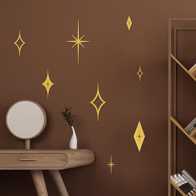 Bnesi 8 Piece Metal Mid Century Modern Wall Art Decor Vintage Style Gold Starburst Metal Wall Art Decor Mid Century Modern Star Bursts Decor for Living Room Bedroom Home Bathroom (Gold)