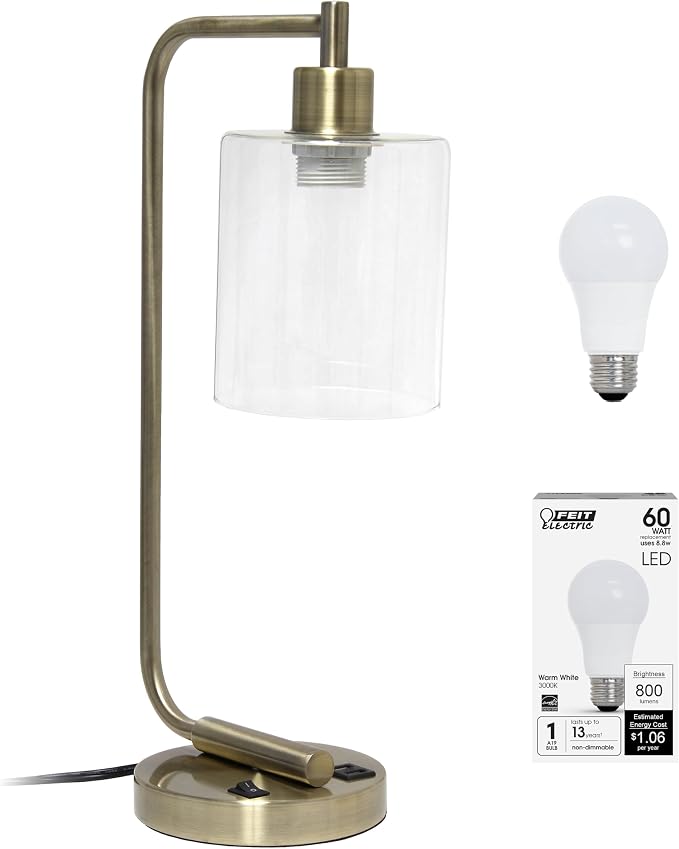 Simple Designs LD1066-ABS-LB Industrial Vintage Bronson Iron Lantern Desk Table Lamp with USB Port and Glass Cylinder Shade for Office, Living Room, Bedroom, Antique Brass, With Feit LED Bulb Included