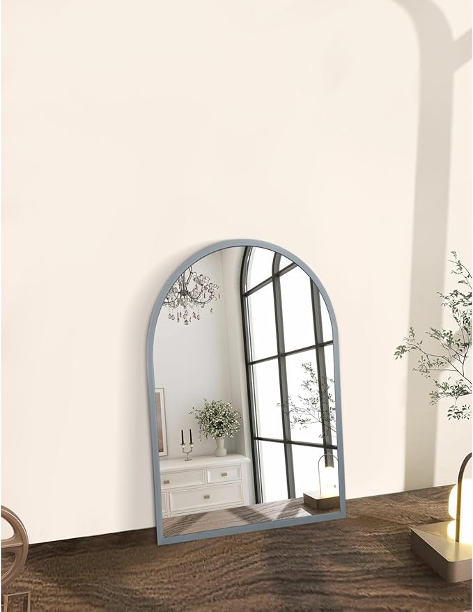 Wall Mirror Arched Bathroom Mirrors Aluminum Alloy Frame Contemporary Hanging Vanity Mirror for Living Room Bedroom Entryway Vanity, Brushed Metal Framed Wall Mounted Mirror Gray 16"x12"