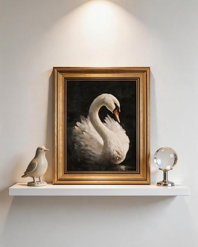 HUARCEY Gold Framed Vintage Wall Art for Living Room, Animals Painting Prints Shelf Decor for Kitchen, Aesthetic Bedroom Wall Art, Best Gifts for Friends or Family - Swan Black 10L x 8W