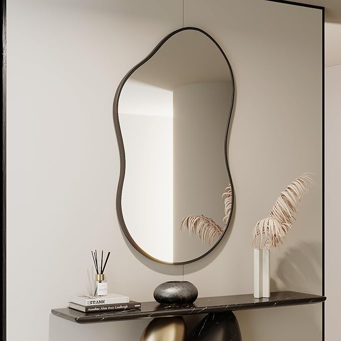 Irregular Wall Mirror - 24''×36'' Asymmetrical Decorative Tempered Glass Aluminum Alloy Framed Mirrors Cloud Mirror Wavy Mirrors for Bathroom, Bedroom, Living Room, Entryway（Black）