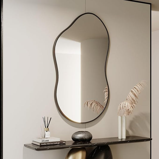 Irregular Wall Mirror - 26''×46'' Asymmetrical Decorative Tempered Glass Aluminum Alloy Framed Mirrors Cloud Mirror Wavy Mirrors for Bathroom, Bedroom, Living Room, Entryway（Black）