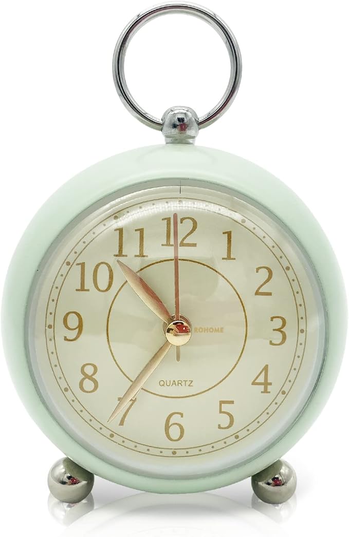 Rohome Vintage Small Alarm Clock with Night Light, Green, Silent Quartz Movement, Non-Ticking, Decorative, for Bedside Table, Desk, Kitchen, Bedroom, Shelf, Nightstand (Green)