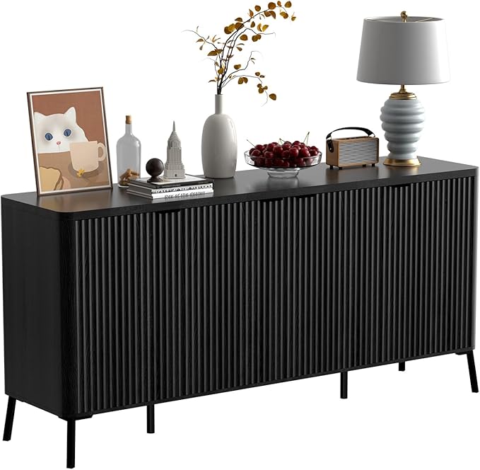 Buffet Cabinet, 63" Large Sideboard Buffet Cabinet with Storage, Modern Fluted Sideboard with 4 Doors, Wood Credenza Coffee Bar Storage Cabinet, for Living Room, Kitchen, Hallway, Black