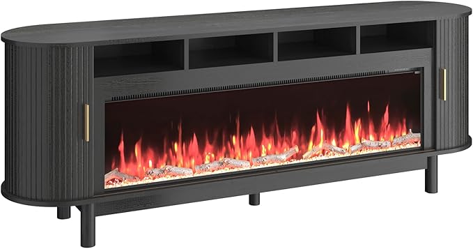 70 Inch Modern Fireplace TV Stand for TVs up to 80 inches, Mid Century TV Console with Solid Wood Legs, Sliding Doors & Curved Design,Media Console for Living Room, Black