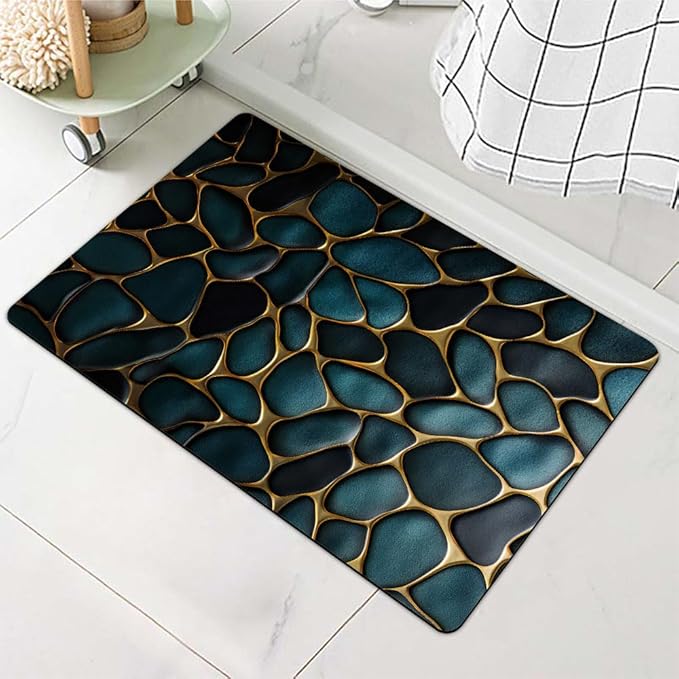 Diatomaceous Earth Bath Mat,Blue and Gold Stones Non-Slip Volume Super Absorbent Fast Drying for Bathroom Kitchen mat,Eco-Friendly Easy to Clean 17×27.5Inch (43 * 70cm)