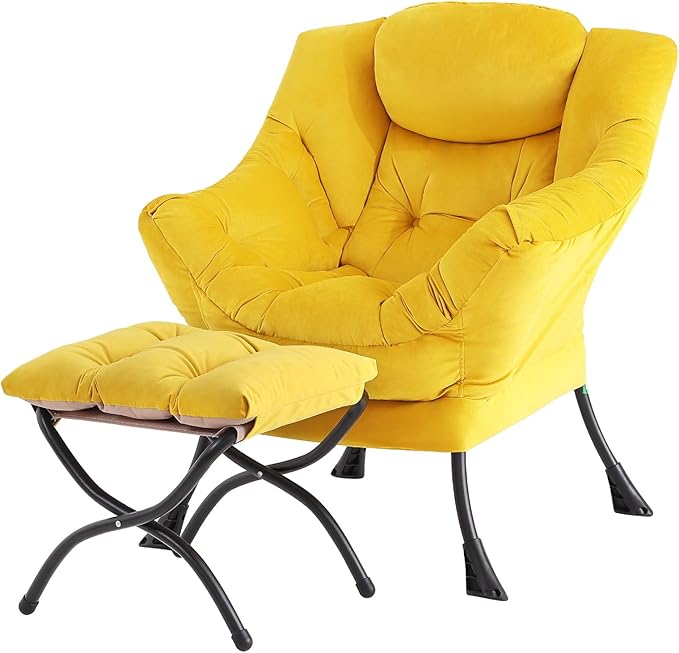 Tiita Lazy Chair with Ottoman, Yellow Modern Large Accent Armchair, Comfy Leisure Sofa Reading Chair with Footrest for Bedroom, Living Room, Dorm Rooms, Garden, Velvet Yellow