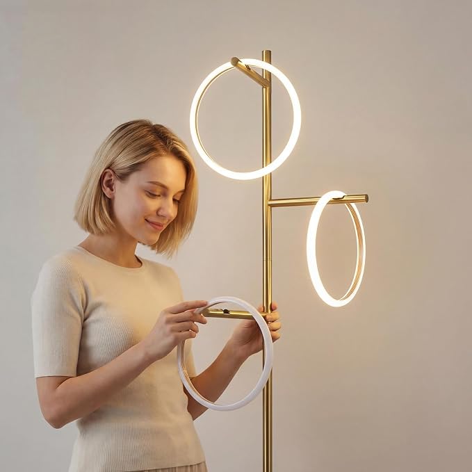 Bairth Gold Floor Lamp with 3 Lights, Modern LED Tree Floor Lamp for Living Room, 17W Stepless Dimmable Tall Standing Lamp with 3 Detachable Circular Lights for Reading, Bedroom, Office, Antique Brass