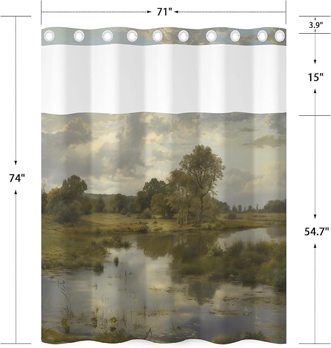 No Hook Shower Curtain with Snap in Liner, Rustic Countryside Landscape Lake Print - Mesh Top Waterproof Bath Tub Curtain Set for Farmhouse Cottage Nature Bathroom Decor, 71W x 74H
