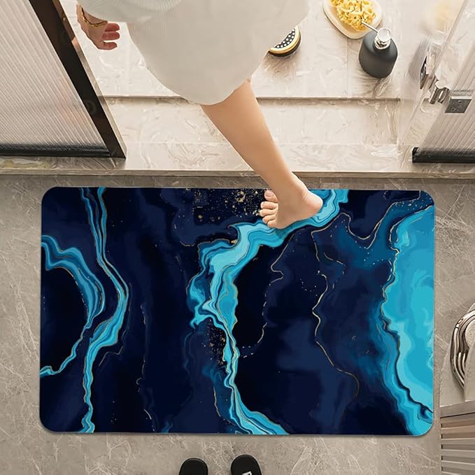 Bath Mat Rug,Deep Blue Gold marbleNon Slip Quick Dry Super Absorbent Thin Bathroom Rugs Fit Under Door-Easy to Clean Bathroom Floor Mats-Shower Rug for Shower Sink Bathtub(16" x 24"in)