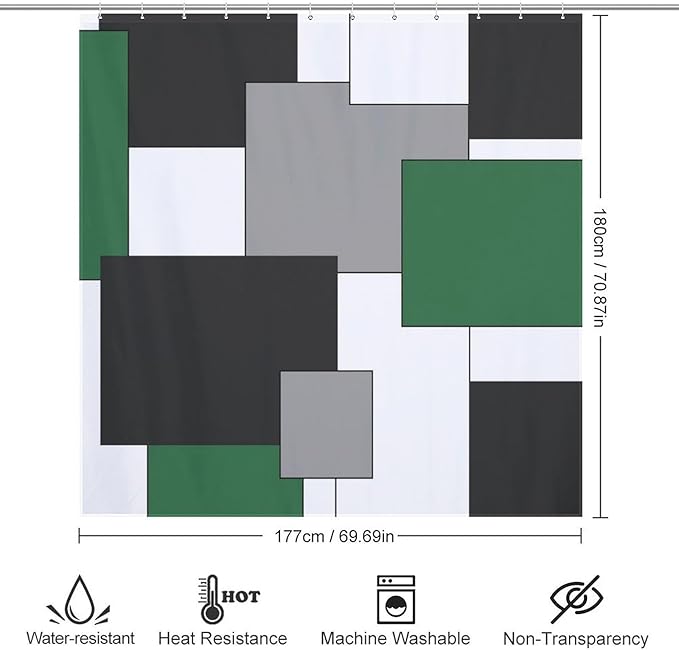 Retro Geometric Shower Curtain,Green Black Modern Geometry Minimalist Neutral Design Bathroom Curtain Polyester Waterproof Fabric Decor 72x72in（183x183cm）