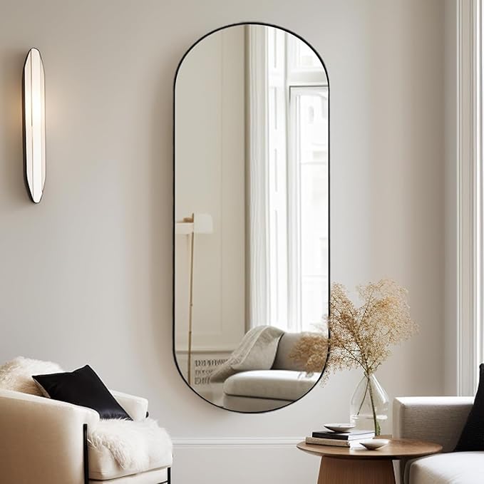 Arched Full Length Mirror Black, 65''x 22'' Oval Body with Metal Frame, Large Hanging Top for Bedroom, Living Room, Entryway, Bathroom 65x22 inch
