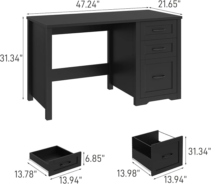Vabches Farmhouse 47” Executive Desk with File Drawer, Mutual Installation Rustic Computer Desk with 2 Storage Drawers,Office Home Workstation for Work Study Writing, Black