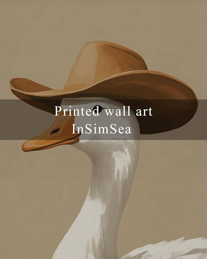 InSimSea Vintage Framed Wall Art, Cowboy Duck Canvas Print, Humorous Fun Art, Animal Oil Painting Wall Decor for Bathroom Bedroom Kitchen 12x16in
