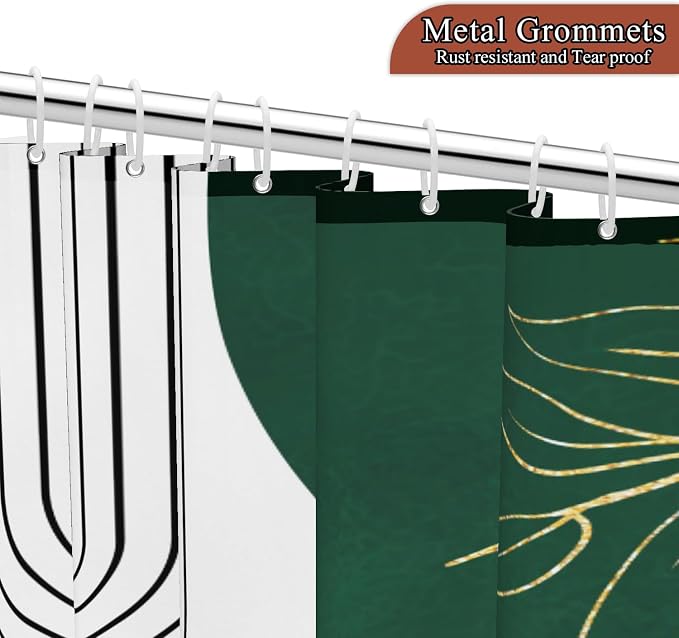 Mid Century Boho Shower Curtain, Abstract Modern Sun Minimalist Aesthetic Shower Curtain, Bohemian Geometric Arch Curve Leaves Neutral Art Fabric Bathroom Curtains Green 60x72 inch