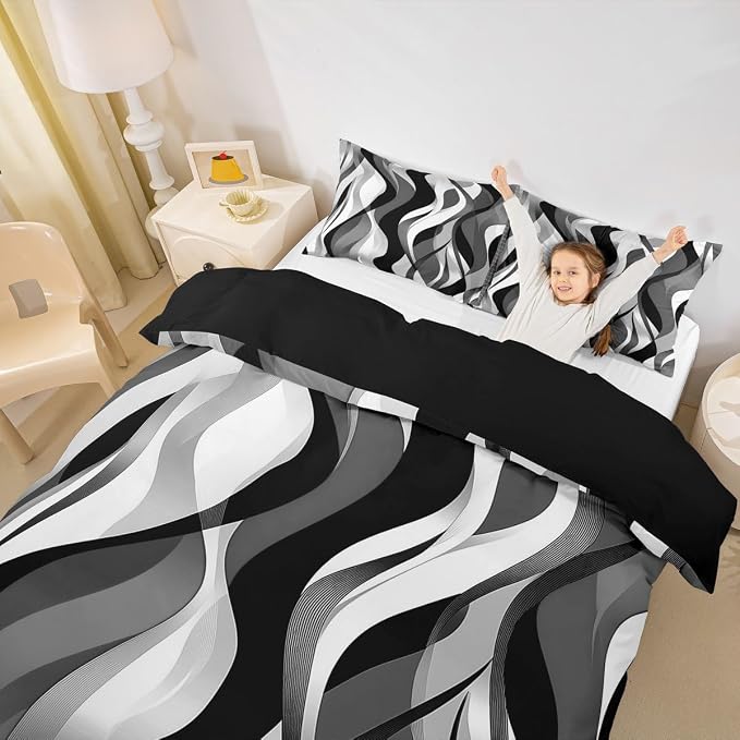 Grey Black Stripes Duvet Cover Set Full Size,Abstract Geometric Comfy Striped Waves Bedding Set,Boys Girls Room Decor,Minimalist Art Style Comforter Cover,Chic Quilt Cover,2 Pillowcases(No Filler)